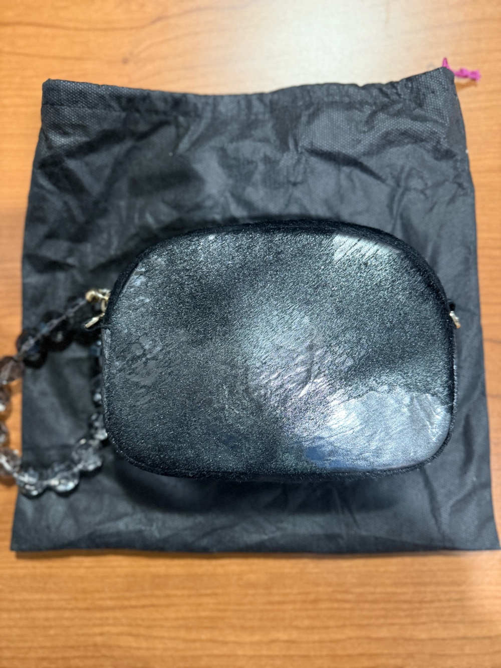 Glossy Black Mini Crossbody Bag with Clear Chain Strap
